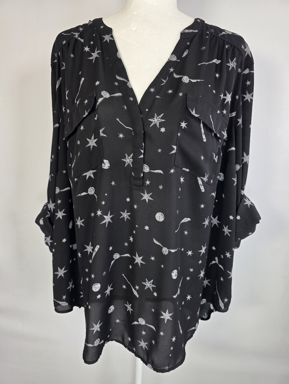 Torrid Harry Potter Blouse Size 2 Black Sheer Wizard Print Roll Tab Sleeve